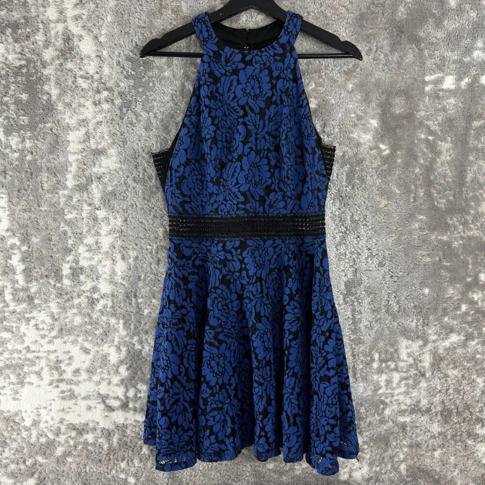City Triangles Junior Sz 10/11 Floral Lace‎ Sleeveless Flare Mini Dress Blue Zip